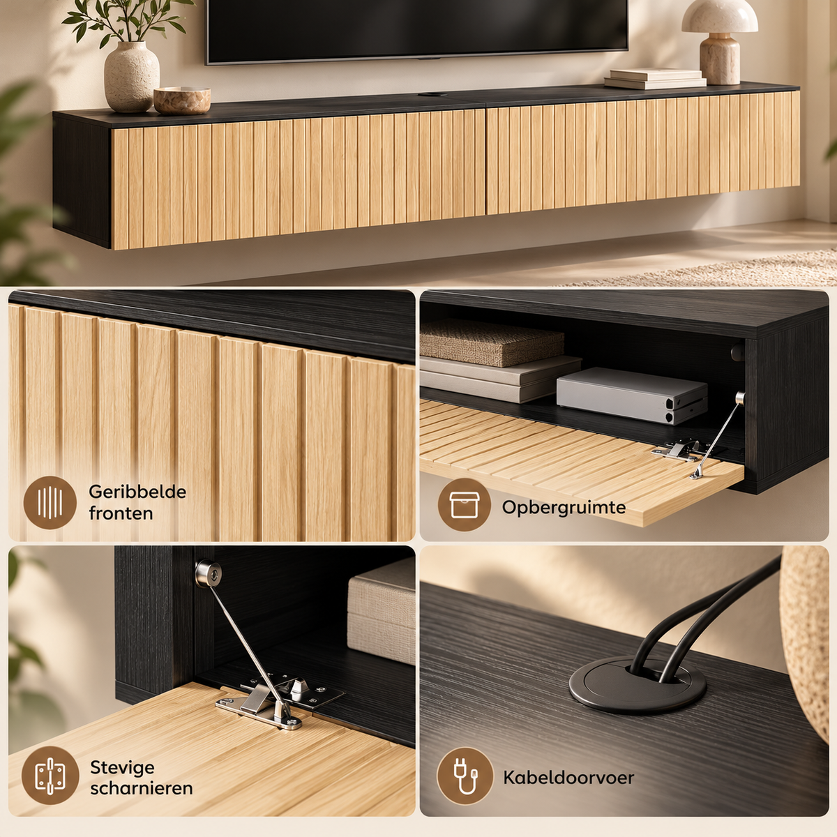 Zwevend TV-Meubel 140 cm – Wandgemonteerde TV-Kast met 2 Klepdeuren – Geribbelde Houtlook – Kabeldoorvoer – Natuurlijk Hout & Zwart