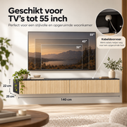 Zwevend TV-Meubel 140 cm – Wandgemonteerde TV-Kast met 2 Klepdeuren – Geribbelde Houtlook – Kabeldoorvoer – Natuurlijk Hout & Zwart