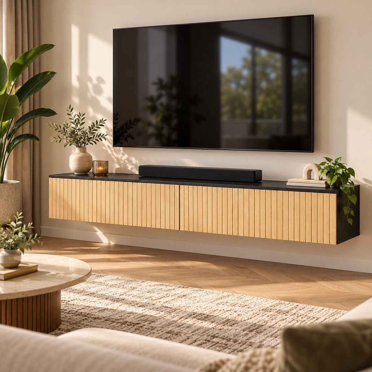 Zwevend TV-Meubel 140 cm – Wandgemonteerde TV-Kast met 2 Klepdeuren – Geribbelde Houtlook – Kabeldoorvoer – Natuurlijk Hout & Zwart