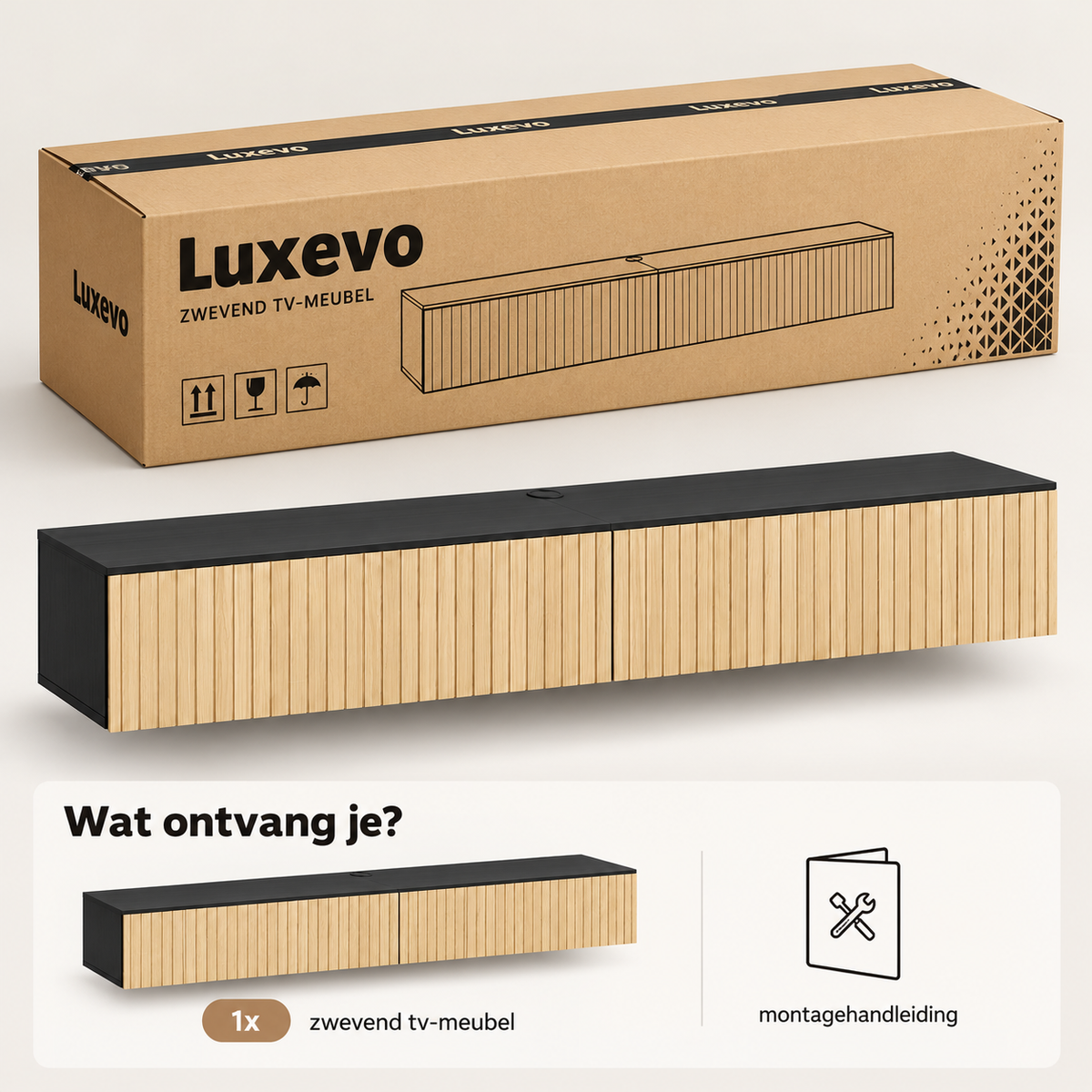 Zwevend TV-Meubel 140 cm – Wandgemonteerde TV-Kast met 2 Klepdeuren – Geribbelde Houtlook – Kabeldoorvoer – Natuurlijk Hout & Zwart