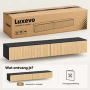 Zwevend TV-Meubel 140 cm – Wandgemonteerde TV-Kast met 2 Klepdeuren – Geribbelde Houtlook – Kabeldoorvoer – Natuurlijk Hout & Zwart