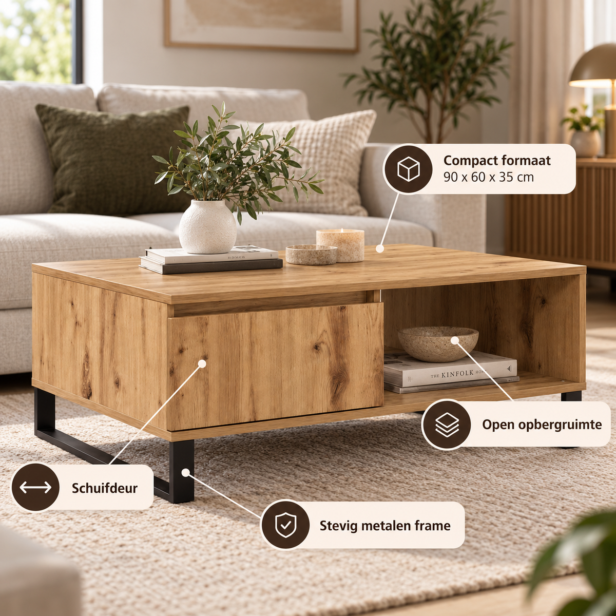 Salontafel 90 x 60 x 35 cm – Eikenlook – Metalen Poten