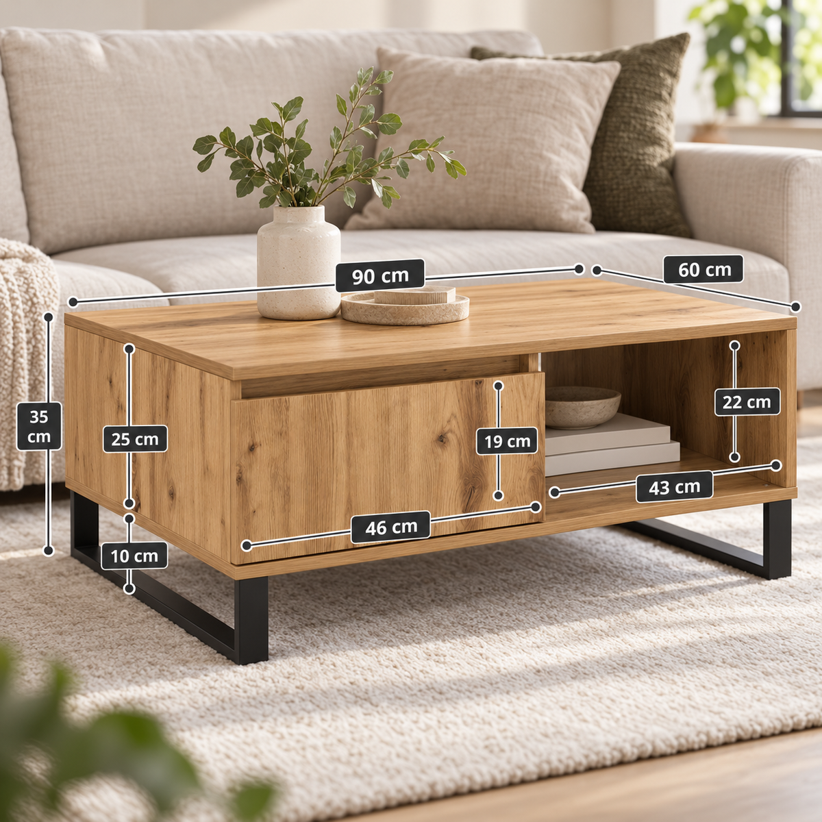 Salontafel 90 x 60 x 35 cm – Eikenlook – Metalen Poten