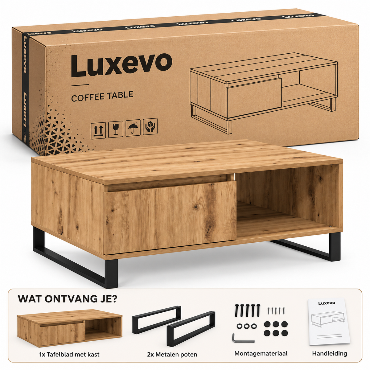 Salontafel 90 x 60 x 35 cm – Eikenlook – Metalen Poten