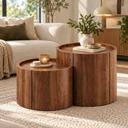 Ronde Salontafel met Opbergruimte en Lades – 77,5 x 47,5 x 40 cm – Gebogen Deuren – Walnoot – Moderne Koffietafel