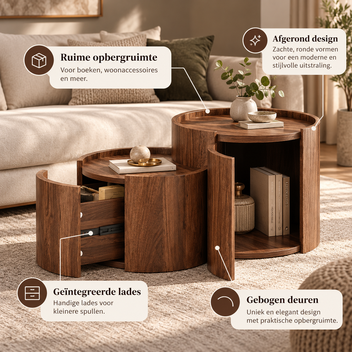 Ronde Salontafel met Opbergruimte en Lades – 77,5 x 47,5 x 40 cm – Gebogen Deuren – Walnoot – Moderne Koffietafel