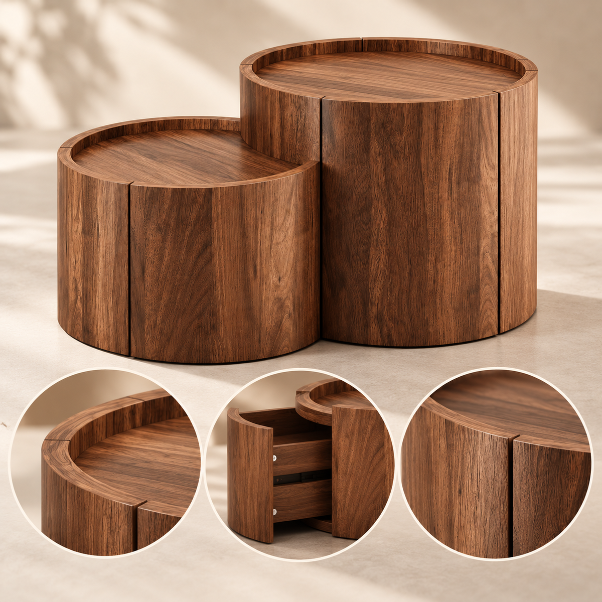 Ronde Salontafel met Opbergruimte en Lades – 77,5 x 47,5 x 40 cm – Gebogen Deuren – Walnoot – Moderne Koffietafel