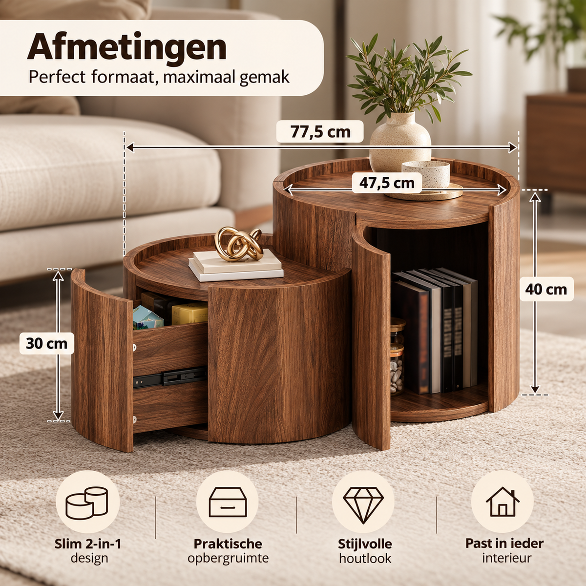 Ronde Salontafel met Opbergruimte en Lades – 77,5 x 47,5 x 40 cm – Gebogen Deuren – Walnoot – Moderne Koffietafel