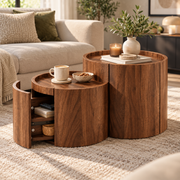 Ronde Salontafel met Opbergruimte en Lades – 77,5 x 47,5 x 40 cm – Gebogen Deuren – Walnoot – Moderne Koffietafel
