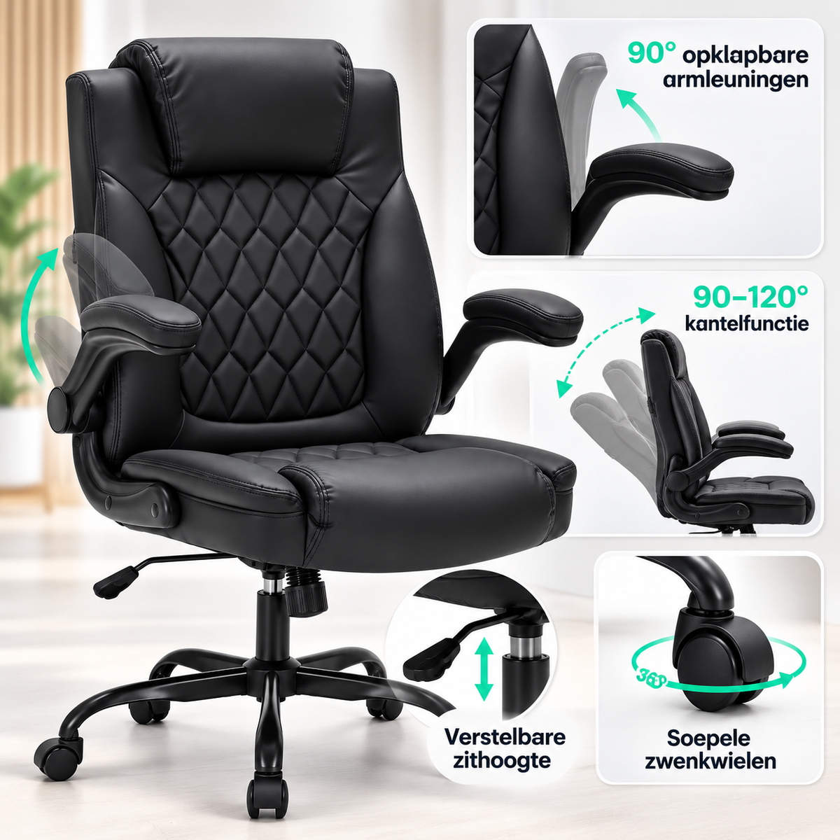 Executive Bureaustoel – Ergonomische Kantoorstoel – PU Leer – Opklapbare Armleuningen – Kantelfunctie – Lendensteun – Tot 159 kg – Zwart