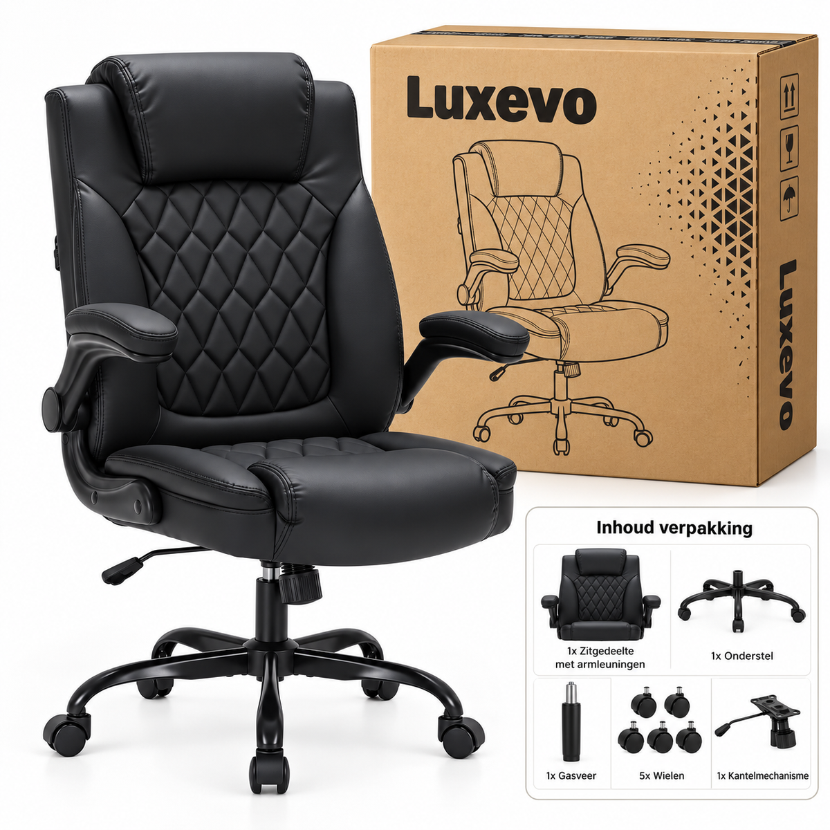 Executive Bureaustoel – Ergonomische Kantoorstoel – PU Leer – Opklapbare Armleuningen – Kantelfunctie – Lendensteun – Tot 159 kg – Zwart
