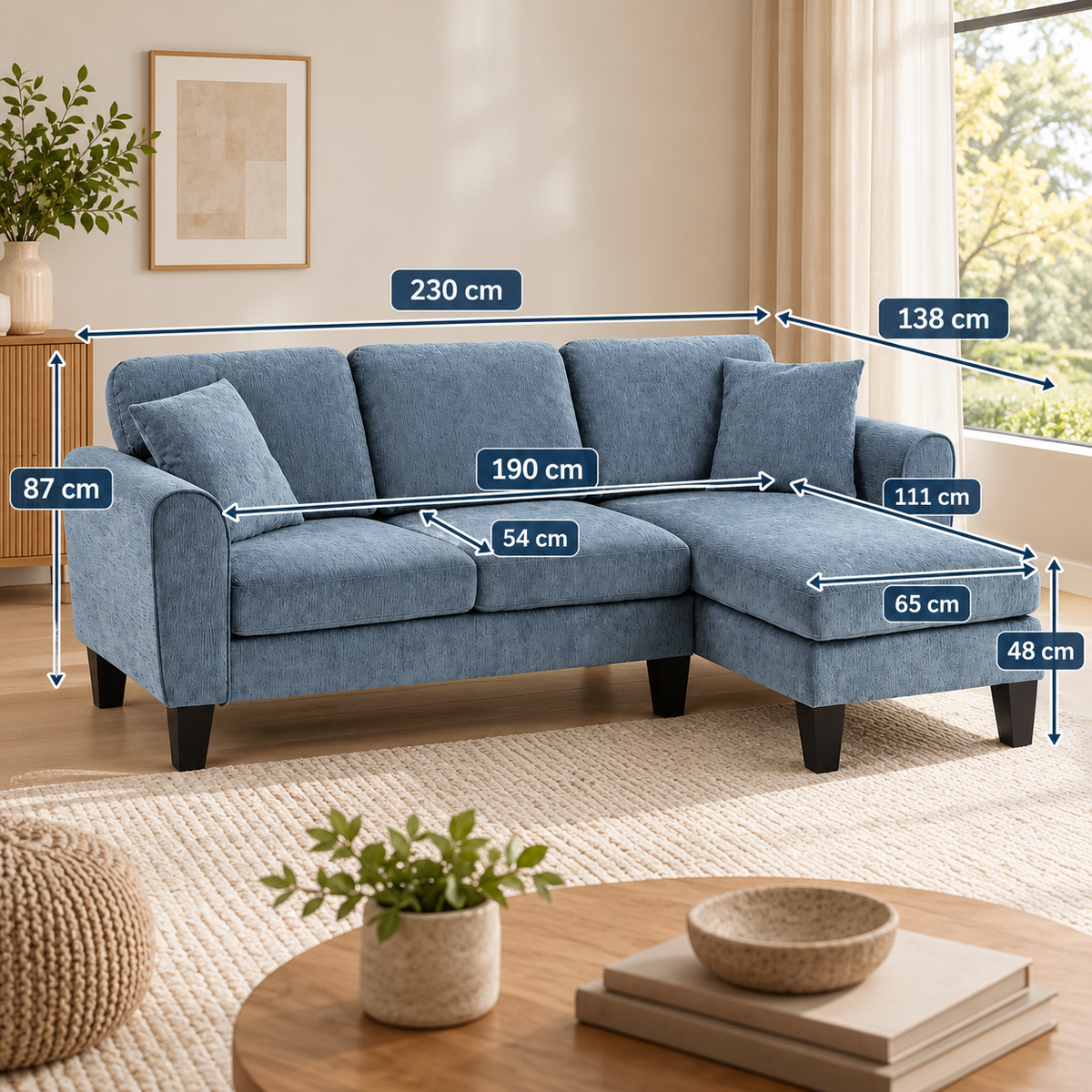 L-vormige Hoekbank met Omkeerbare Chaise Longue – 3-Zits – Chenille – Donkerblauw – 230 cm