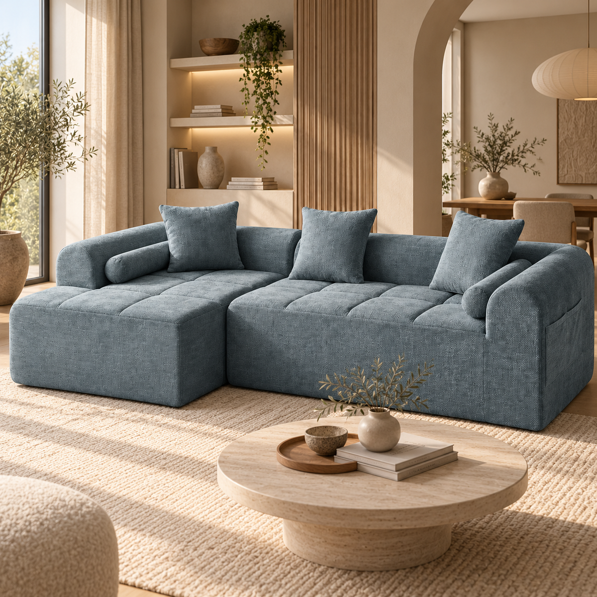 Modulaire L-vormige Hoekbank – Zachte Chenille Blokbank met Zijvak & Kussens – Montagevrij