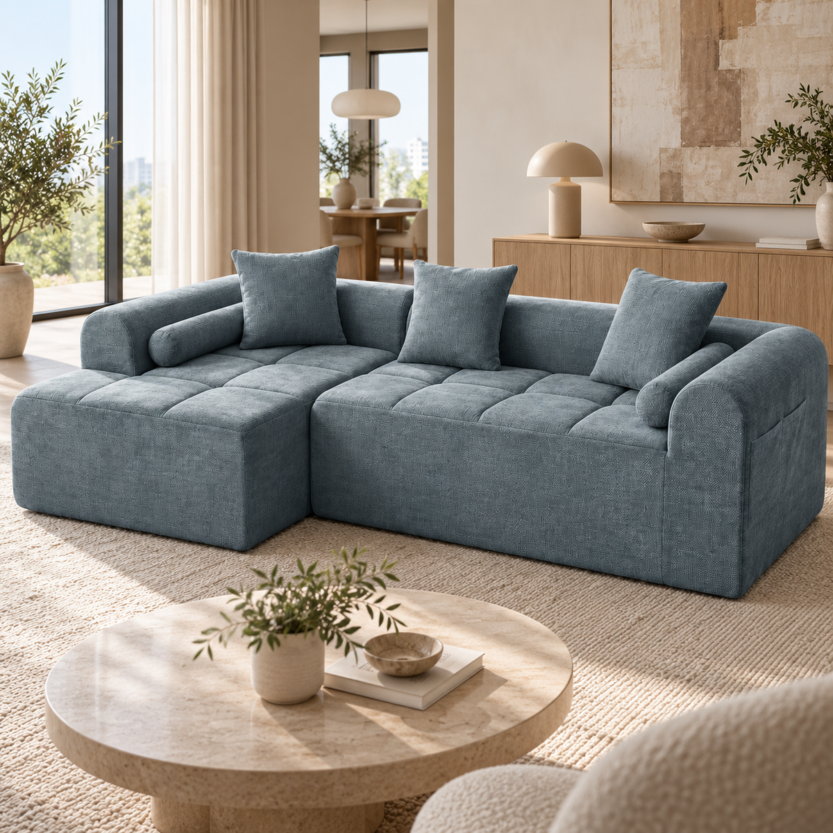 Modulaire L-vormige Hoekbank – Zachte Chenille Blokbank met Zijvak & Kussens – Montagevrij