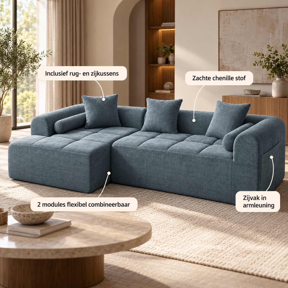 Modulaire L-vormige Hoekbank – Zachte Chenille Blokbank met Zijvak & Kussens – Montagevrij