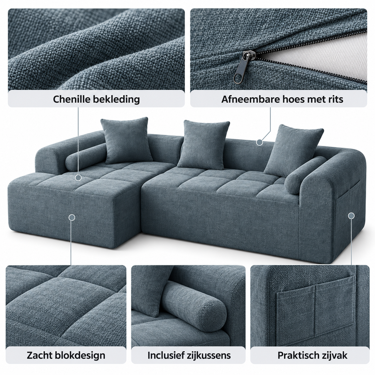 Modulaire L-vormige Hoekbank – Zachte Chenille Blokbank met Zijvak & Kussens – Montagevrij