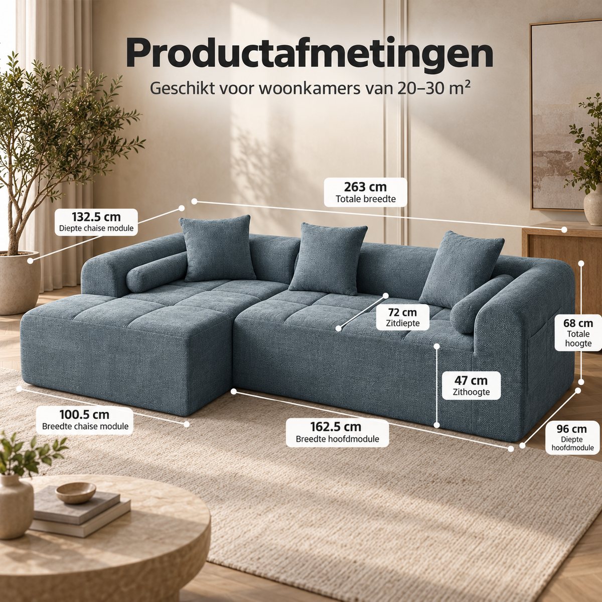 Modulaire L-vormige Hoekbank – Zachte Chenille Blokbank met Zijvak & Kussens – Montagevrij