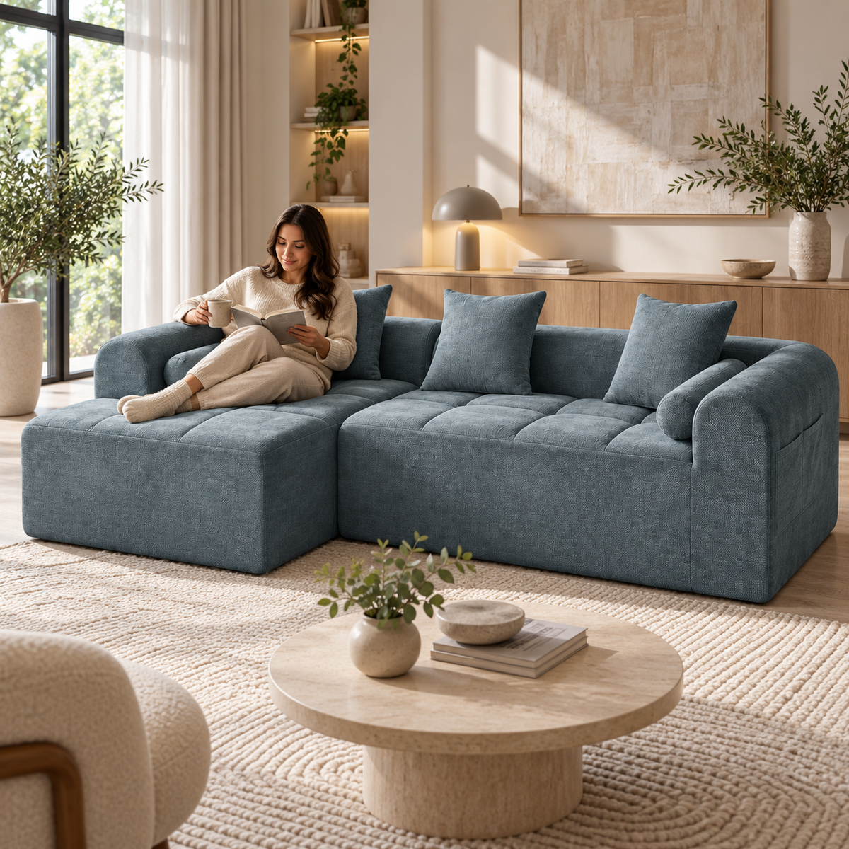 Modulaire L-vormige Hoekbank – Zachte Chenille Blokbank met Zijvak & Kussens – Montagevrij