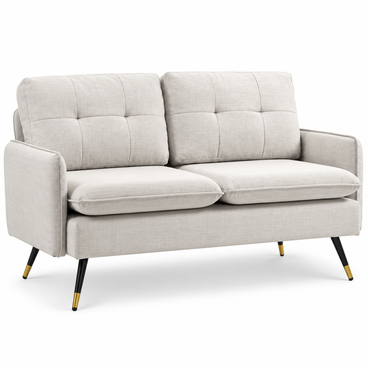 Moderne 2-Zits Bank – Crème Linnenlook – Gewatteerde Rugleuning – Stalen Poten – 139 cm