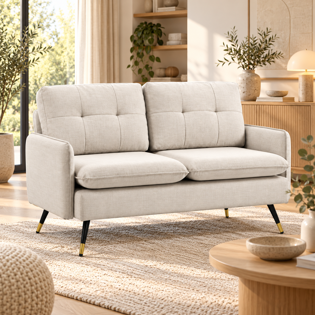 Moderne 2-Zits Bank – Crème Linnenlook – Gewatteerde Rugleuning – Stalen Poten – 139 cm