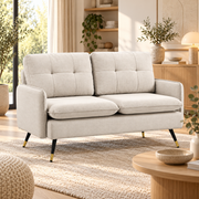 Moderne 2-Zits Bank – Crème Linnenlook – Gewatteerde Rugleuning – Stalen Poten – 139 cm