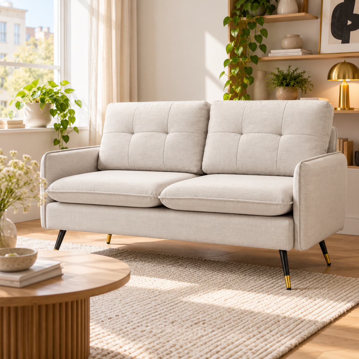 Moderne 2-Zits Bank – Crème Linnenlook – Gewatteerde Rugleuning – Stalen Poten – 139 cm
