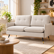 Moderne 2-Zits Bank – Crème Linnenlook – Gewatteerde Rugleuning – Stalen Poten – 139 cm