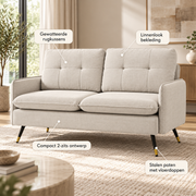 Moderne 2-Zits Bank – Crème Linnenlook – Gewatteerde Rugleuning – Stalen Poten – 139 cm