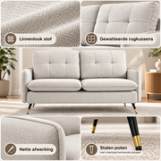 Moderne 2-Zits Bank – Crème Linnenlook – Gewatteerde Rugleuning – Stalen Poten – 139 cm