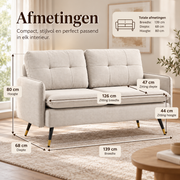 Moderne 2-Zits Bank – Crème Linnenlook – Gewatteerde Rugleuning – Stalen Poten – 139 cm