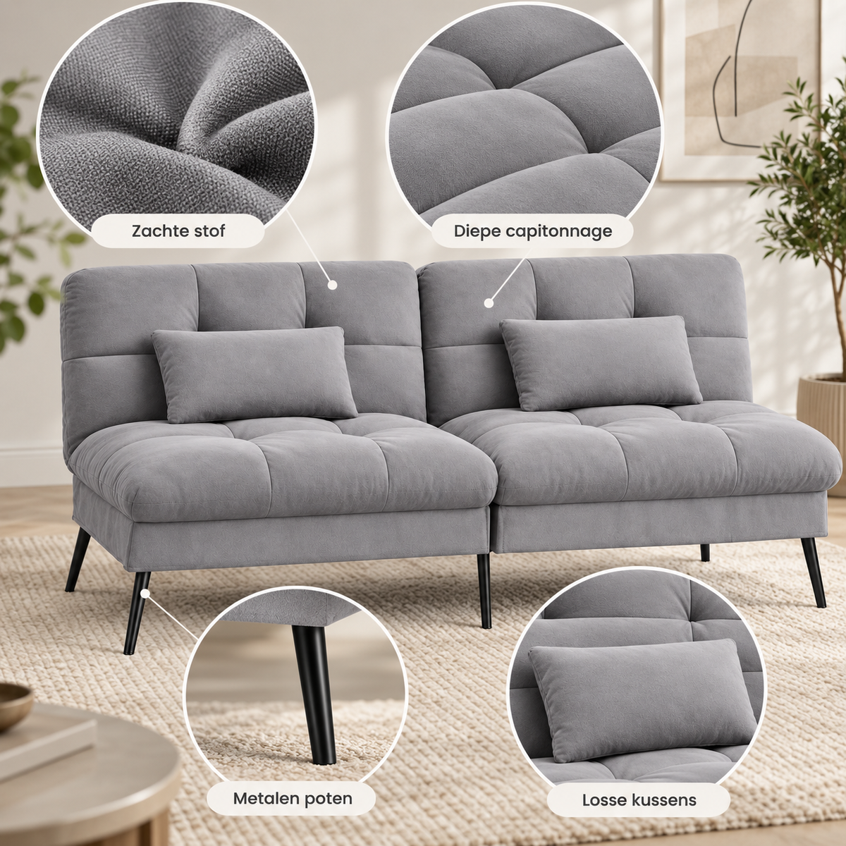 3-Zits Slaapbank met Verstelbare Rugleuning – 5 Standen – Uitneembare Hoes – Grijs – 174 cm
