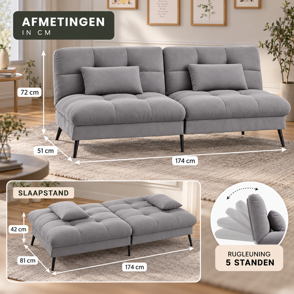 3-Zits Slaapbank met Verstelbare Rugleuning – 5 Standen – Uitneembare Hoes – Grijs – 174 cm