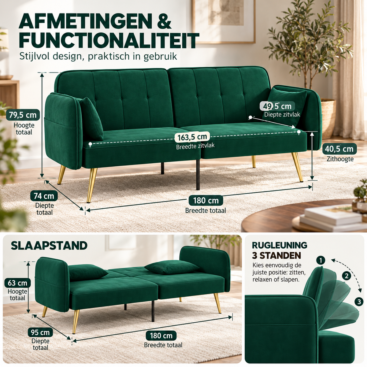 2-Zits Slaapbank - Click-Clack Systeem – Verstelbare Rugleuning – Fluweellook – Donkergroen – 180 cm