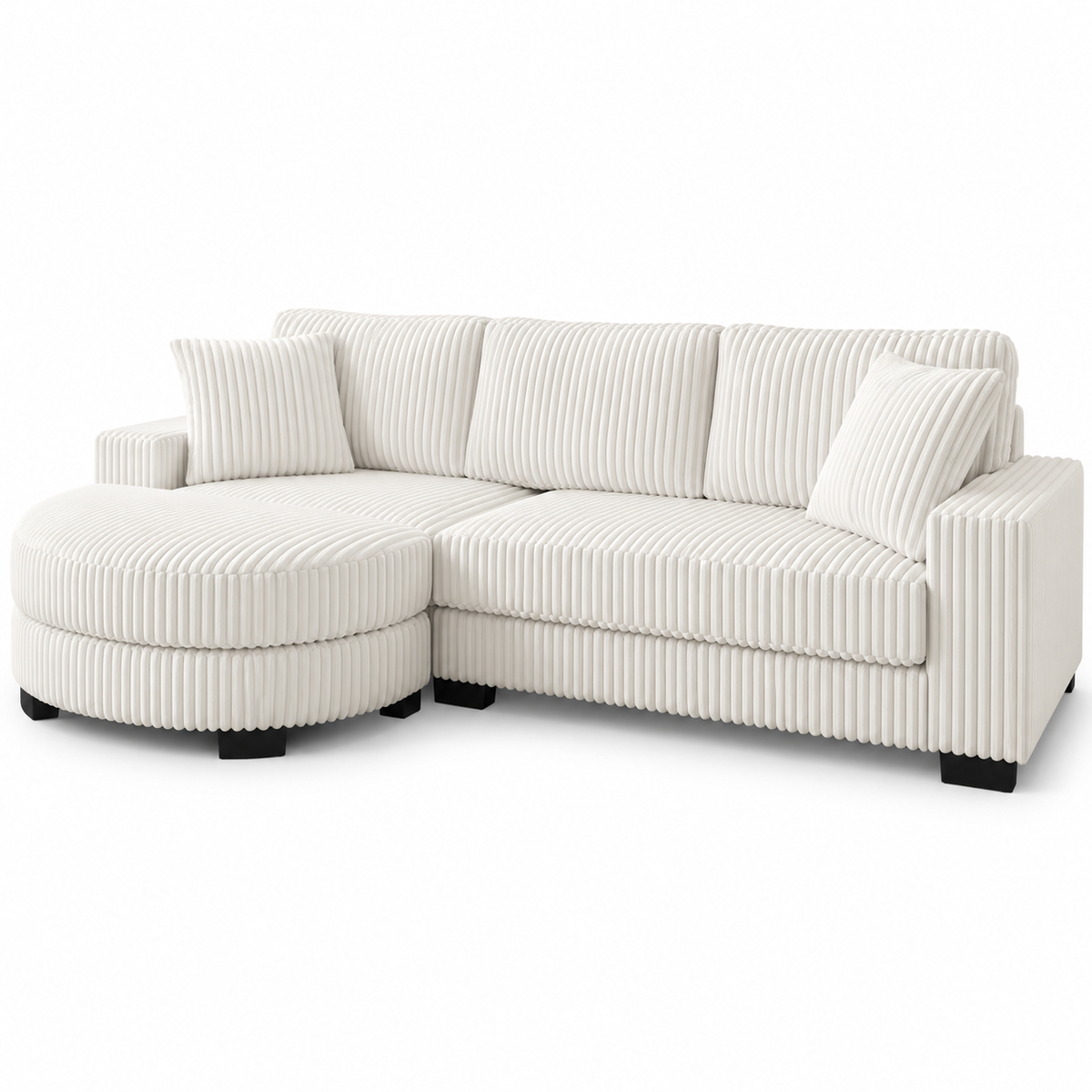 L-vormige 4-Zits Hoekbank – Corduroy – Modulaire Ovale Voetenbank – Beige – 256,5 cm