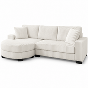 L-vormige 4-Zits Hoekbank – Corduroy – Modulaire Ovale Voetenbank – Beige – 256,5 cm