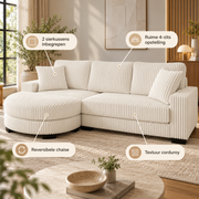 L-vormige 4-Zits Hoekbank – Corduroy – Modulaire Ovale Voetenbank – Beige – 256,5 cm