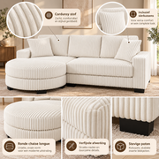 L-vormige 4-Zits Hoekbank – Corduroy – Modulaire Ovale Voetenbank – Beige – 256,5 cm
