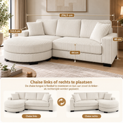 L-vormige 4-Zits Hoekbank – Corduroy – Modulaire Ovale Voetenbank – Beige – 256,5 cm