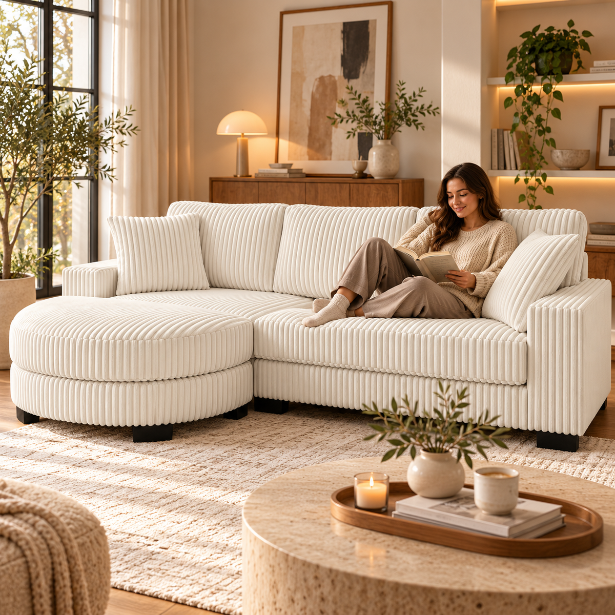 L-vormige 4-Zits Hoekbank – Corduroy – Modulaire Ovale Voetenbank – Beige – 256,5 cm