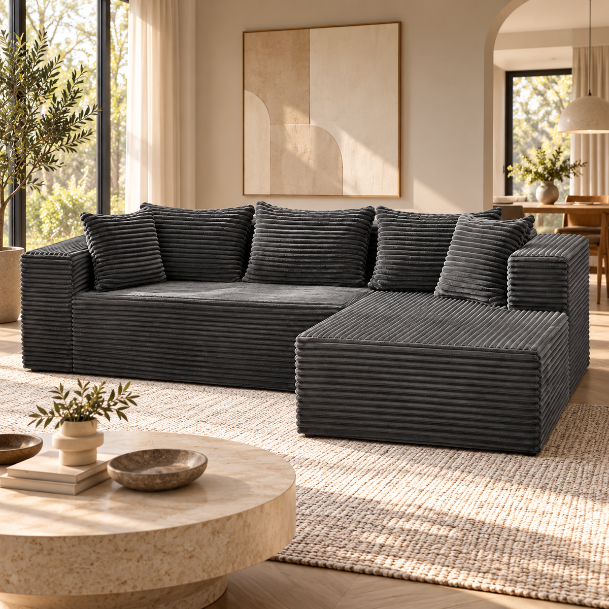 Modulaire L-vormige Hoekbank – Zachte Corduroy Stof – Diepe Zitting – Grijs – 269 cm
