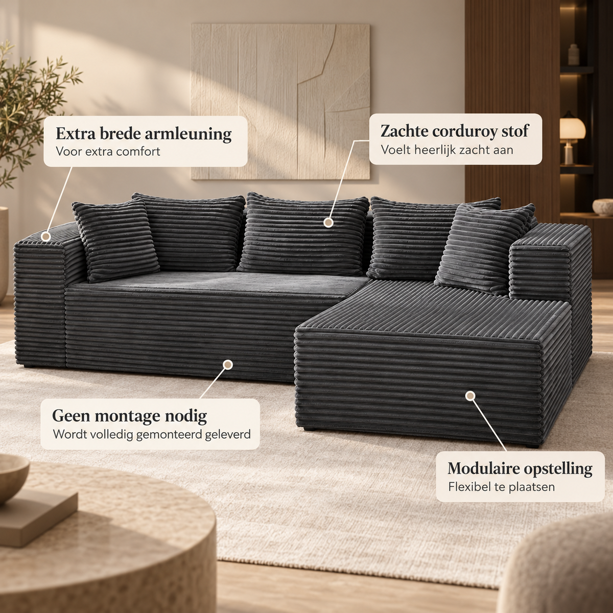 Modulaire L-vormige Hoekbank – Zachte Corduroy Stof – Diepe Zitting – Grijs – 269 cm