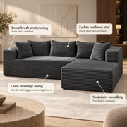 Modulaire L-vormige Hoekbank – Zachte Corduroy Stof – Diepe Zitting – Grijs – 269 cm