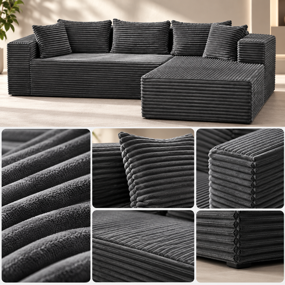 Modulaire L-vormige Hoekbank – Zachte Corduroy Stof – Diepe Zitting – Grijs – 269 cm