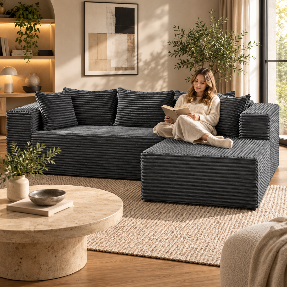 Modulaire L-vormige Hoekbank – Zachte Corduroy Stof – Diepe Zitting – Grijs – 269 cm