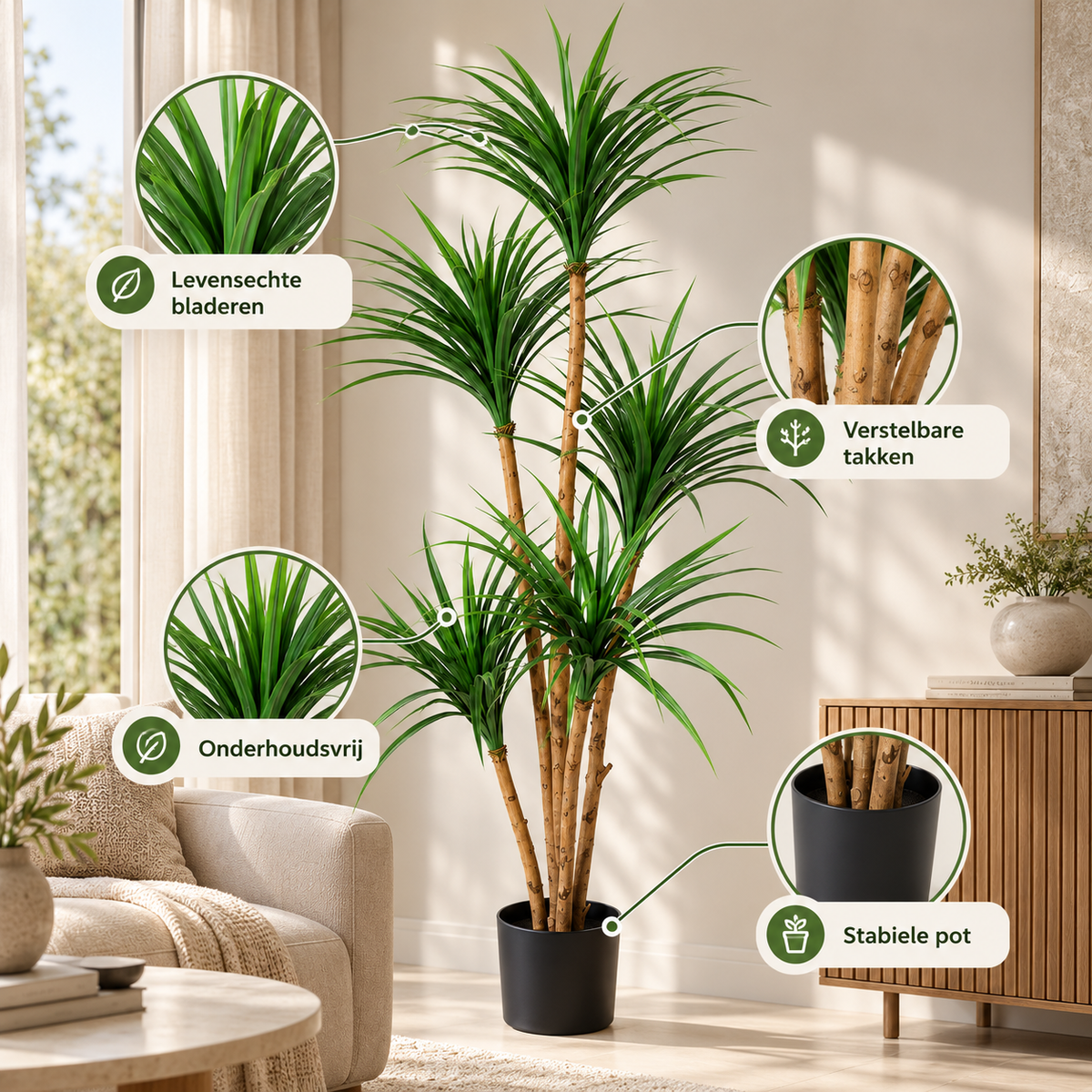 Kunstplant Dracaena 150 cm – Realistische Yucca Kunstboom – Verstelbare Bladeren