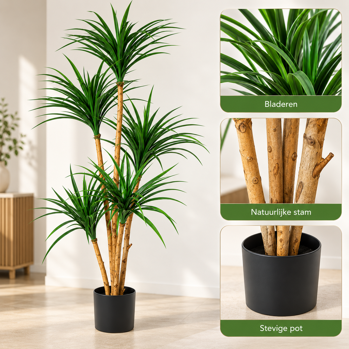 Kunstplant Dracaena 150 cm – Realistische Yucca Kunstboom – Verstelbare Bladeren