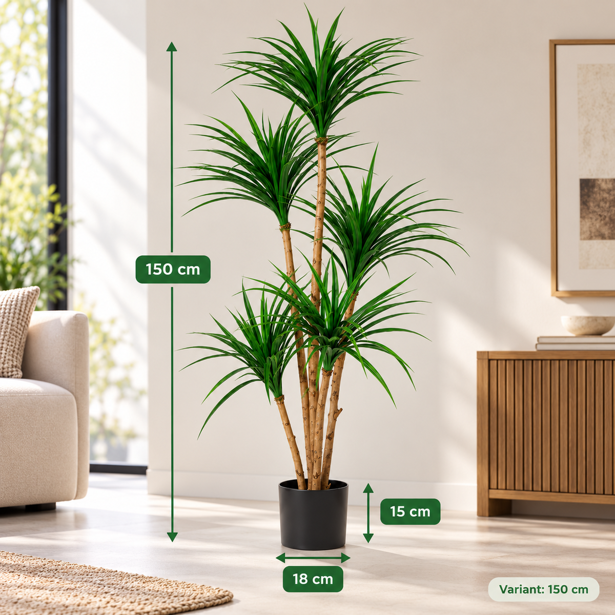 Kunstplant Dracaena 150 cm – Realistische Yucca Kunstboom – Verstelbare Bladeren