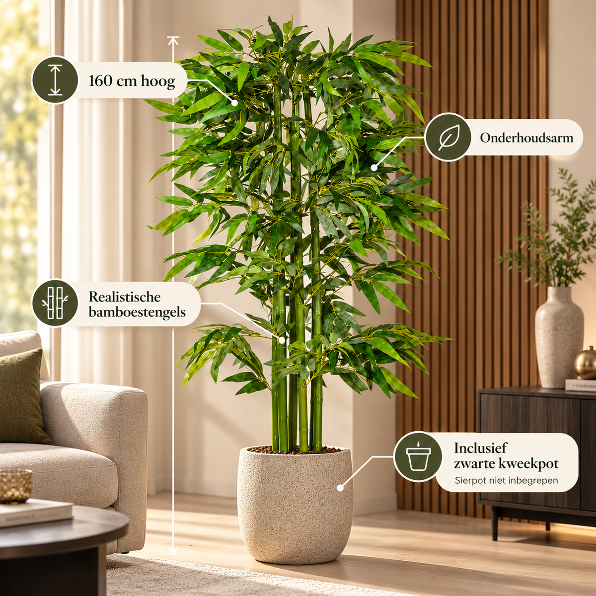 Kunstbamboe 160 cm – Kunstplant Bamboe – Realistische Bladeren – Zwarte Pot – Groen