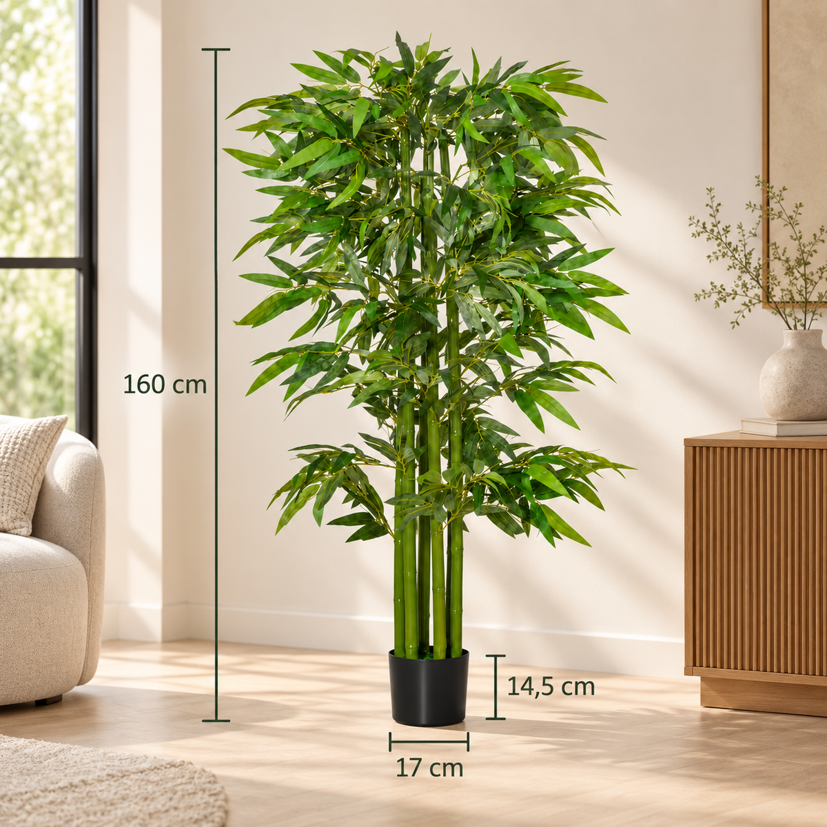 Kunstbamboe 160 cm – Kunstplant Bamboe – Realistische Bladeren – Zwarte Pot – Groen