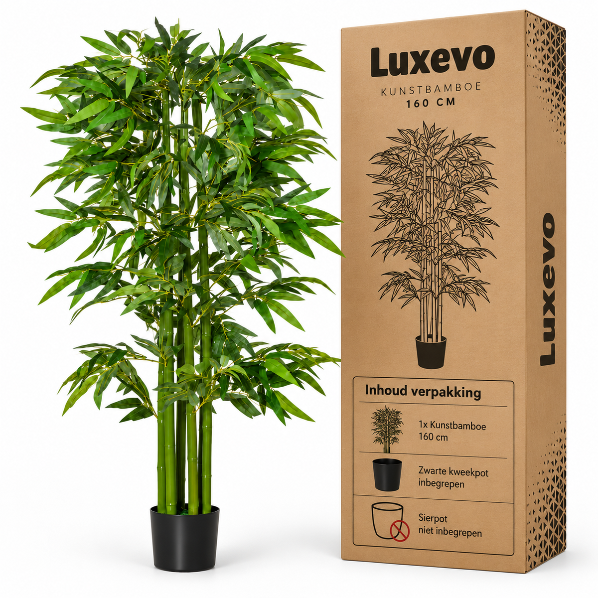 Kunstbamboe 160 cm – Kunstplant Bamboe – Realistische Bladeren – Zwarte Pot – Groen
